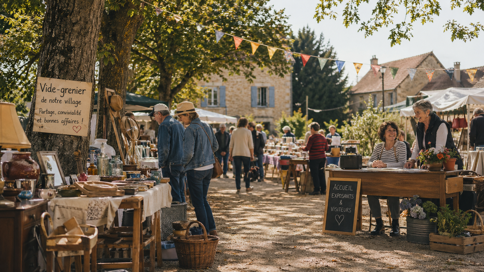 Illustration d'un vide-grenier associatif en extérieur avec stands, visiteurs et table d'accueil